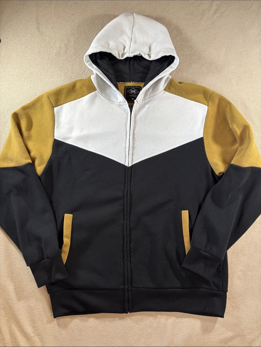 Men's Colorblock Zip-Up Hoodie Sweatshirt - Black, White & Mustard